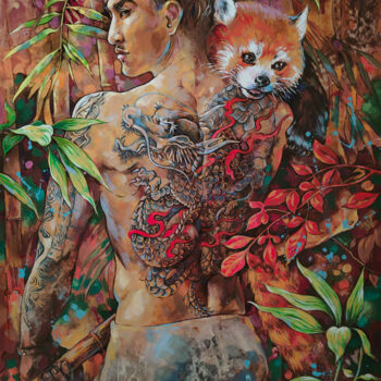 Peinture intitulée "Red Panda Gardian" par Galina Kondrashova, Œuvre d'art originale, Acrylique