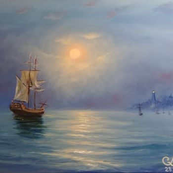 Pittura intitolato "In a quiet harbor" da Galina Morozova, Opera d'arte originale, Olio