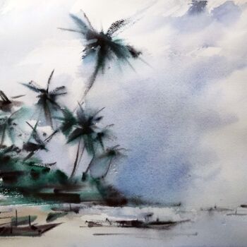 Картина под названием "Palm trees on the b…" - Galina Poloz, Подлинное произведение искусства, Акварель