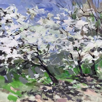 Painting titled "Spring cherry trees" by Galina Poloz, Original Artwork, Tempera