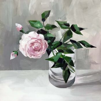 Painting titled "Lonely pink rose" by Galina Poloz, Original Artwork, Tempera