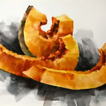 Schilderij getiteld "Autumn pumpkins" door Galina Poloz, Origineel Kunstwerk, Aquarel
