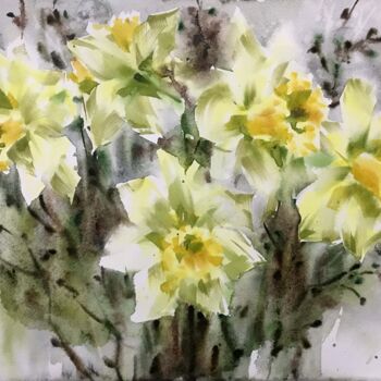 Painting titled "Spring yellow flowe…" by Galina Poloz, Original Artwork, Watercolor
