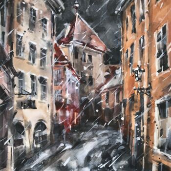 Schilderij getiteld "Snow town." door Galina Poloz, Origineel Kunstwerk, Aquarel