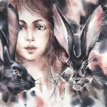 Painting titled "Black rabbits" by Galina Poloz, Original Artwork, Watercolor