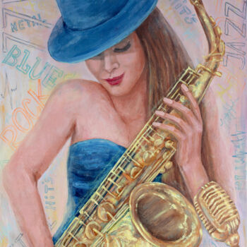 Malerei mit dem Titel "Girl with saxophone." von Galina Vasiljeva, Original-Kunstwerk, Öl