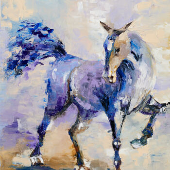 Painting titled "Purple horse" by Galiya Hami, Original Artwork, Oil Mounted on Wood Stretcher frame