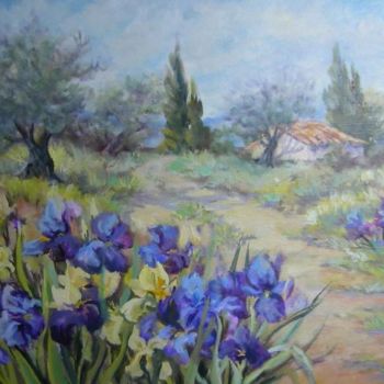 Malerei mit dem Titel "Les Iris en Provence" von Fragal, Original-Kunstwerk, Öl