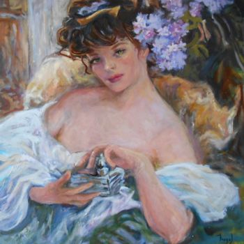 Painting titled "DAME AUX HORTENSIAS" by Fragal, Original Artwork, Oil