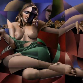 Arte digitale intitolato "Nudo su divano rosso" da Galleria Arte-Vera, Opera d'arte originale, Pittura digitale