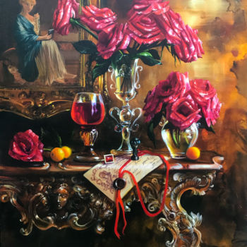 Malerei mit dem Titel "Натюрморт с розами" von Olga Bazanova, Original-Kunstwerk, Öl Auf Keilrahmen aus Holz montiert