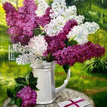 Painting titled "Lilac Bouquet" by Olga Bazanova, Original Artwork, Oil
