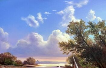 Картина под названием "Landscape with boats" - Ольга Базанова, Подлинное произведение искусства, Масло