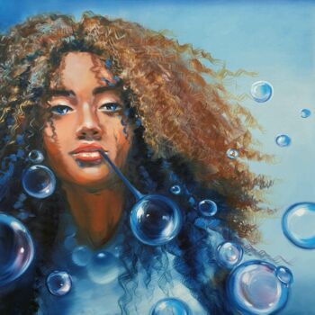 Painting titled "Blowing Bubbles" by Olga Bazanova, Original Artwork, Oil