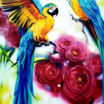 Painting titled "Solar Birds" by Olga Bazanova, Original Artwork, Oil