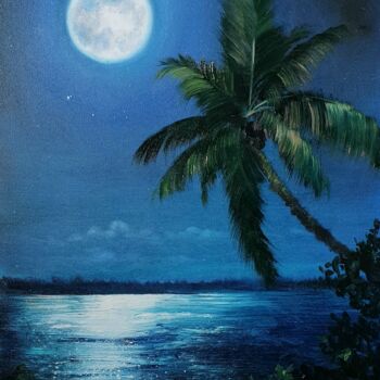 Peinture intitulée "Full Moon on the Be…" par Olga Bazanova, Œuvre d'art originale, Huile