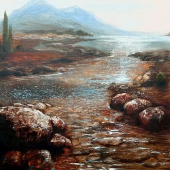 Painting titled "River landscape" by Olga Bazanova, Original Artwork, Oil