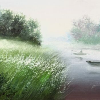 Pittura intitolato "Fog on the Lake" da Olga Bazanova, Opera d'arte originale, Olio