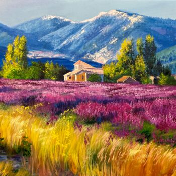 Schilderij getiteld "lavender field" door Olga Bazanova, Origineel Kunstwerk, Olie