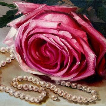 Malerei mit dem Titel "Rose with pearls" von Olga Bazanova, Original-Kunstwerk, Öl