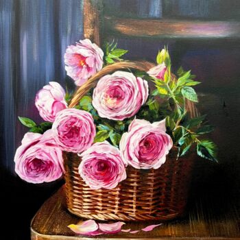 Painting titled "Bouquet in a basket" by Olga Bazanova, Original Artwork, Oil