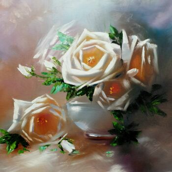 Картина под названием "White roses in a va…" - Ольга Базанова, Подлинное произведение искусства, Масло