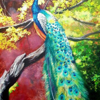 Pittura intitolato "Peacock" da Olga Bazanova, Opera d'arte originale, Olio