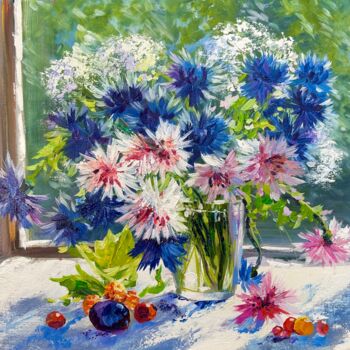 Painting titled "Bouquet of cornflow…" by Olga Bazanova, Original Artwork, Oil