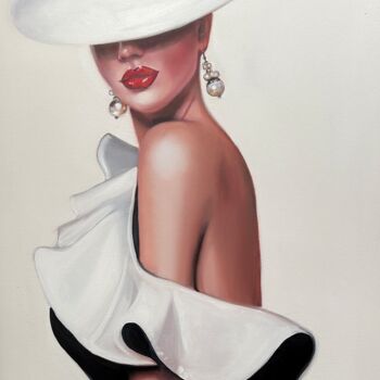 Painting titled "Lady in a white hat" by Olga Bazanova, Original Artwork, Oil