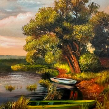 Картина под названием "Landscape with a la…" - Ольга Базанова, Подлинное произведение искусства, Масло