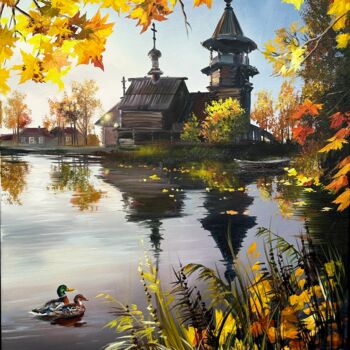 Painting titled "Temple by the Lake" by Olga Bazanova, Original Artwork, Oil