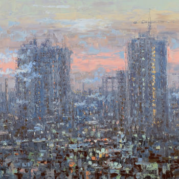 Painting titled "Evening over the ci…" by Dmitry Kustanovich, Original Artwork, Oil Mounted on Wood Stretcher frame