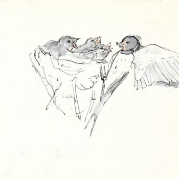 Pintura intitulada "Schwalben im Nest" por Gallery Schöneweide, Obras de arte originais, Aquarela