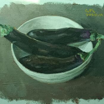 Peinture intitulée "Eggplant in a bowl" par Gaomin Song, Œuvre d'art originale, Huile