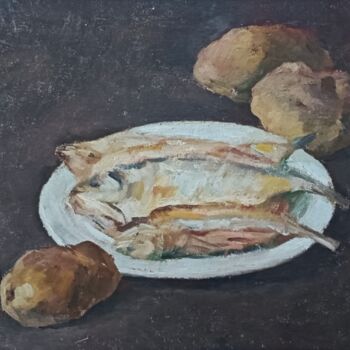 Malerei mit dem Titel "Fish and potatoes" von Gaomin Song, Original-Kunstwerk, Öl