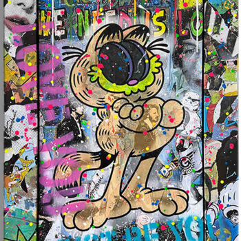 Schilderij getiteld "Garfield Attitude" door Gardani, Origineel Kunstwerk, Acryl Gemonteerd op Frame voor houten brancard