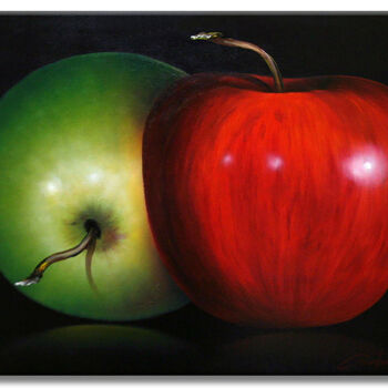 Painting titled "Two Apples" by Gardani, Original Artwork, Oil Mounted on Wood Stretcher frame