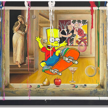 Pintura intitulada "Bart escaping from…" por Gardani, Obras de arte originais, Óleo Montado em Armação em madeira