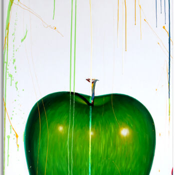 Painting titled "Green Apple" by Gardani, Original Artwork, Oil Mounted on Wood Stretcher frame