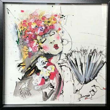 「50/50 Florès calien…」というタイトルの絵画 Nicole Garilliによって, オリジナルのアートワーク, インク 段ボールにマウント