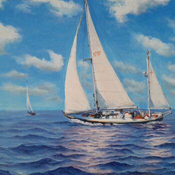 Schilderij getiteld "Seascape with Sailb…" door Garry Arzumanyan, Origineel Kunstwerk, Olie