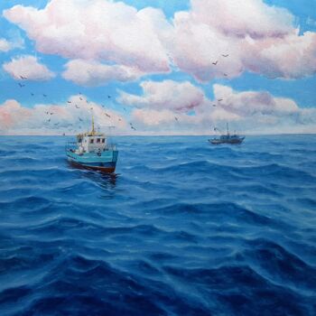 Pittura intitolato "Fishing boats in th…" da Garry Arzumanyan, Opera d'arte originale, Olio