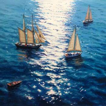 Painting titled "Seascape with sailb…" by Garry Arzumanyan, Original Artwork, Oil Mounted on Wood Stretcher frame