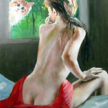 Painting titled "Nude with cat 10" by Garvin Ree, Original Artwork, Oil Mounted on Wood Stretcher frame