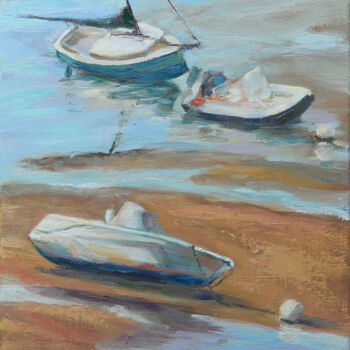 Painting titled "Bateaux échoués châ…" by Laurence Gasior, Original Artwork, Oil Mounted on Wood Stretcher frame