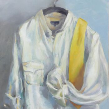 Painting titled "la cravate jaune" by Laurence Gasior, Original Artwork, Oil Mounted on Wood Stretcher frame