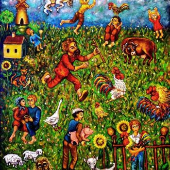 Painting titled "Village Hurly-Burly" by Gasparian, Original Artwork, Oil