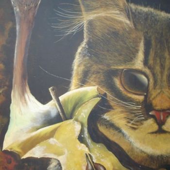 Schilderij getiteld "Gato con manzana al…" door Alejandro Maass, Origineel Kunstwerk
