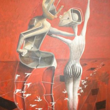 Painting titled "Beso fondo rojo" by Alejandro Maass, Original Artwork