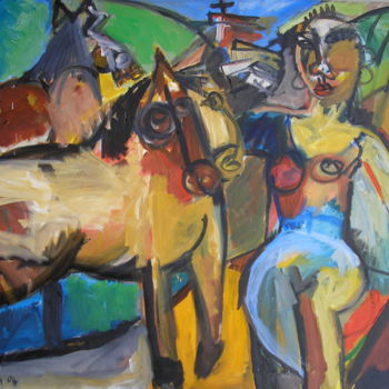 Peinture intitulée "La femme aux chevaux" par Régine Gauthey, Œuvre d'art originale, Huile Monté sur Châssis en bois
